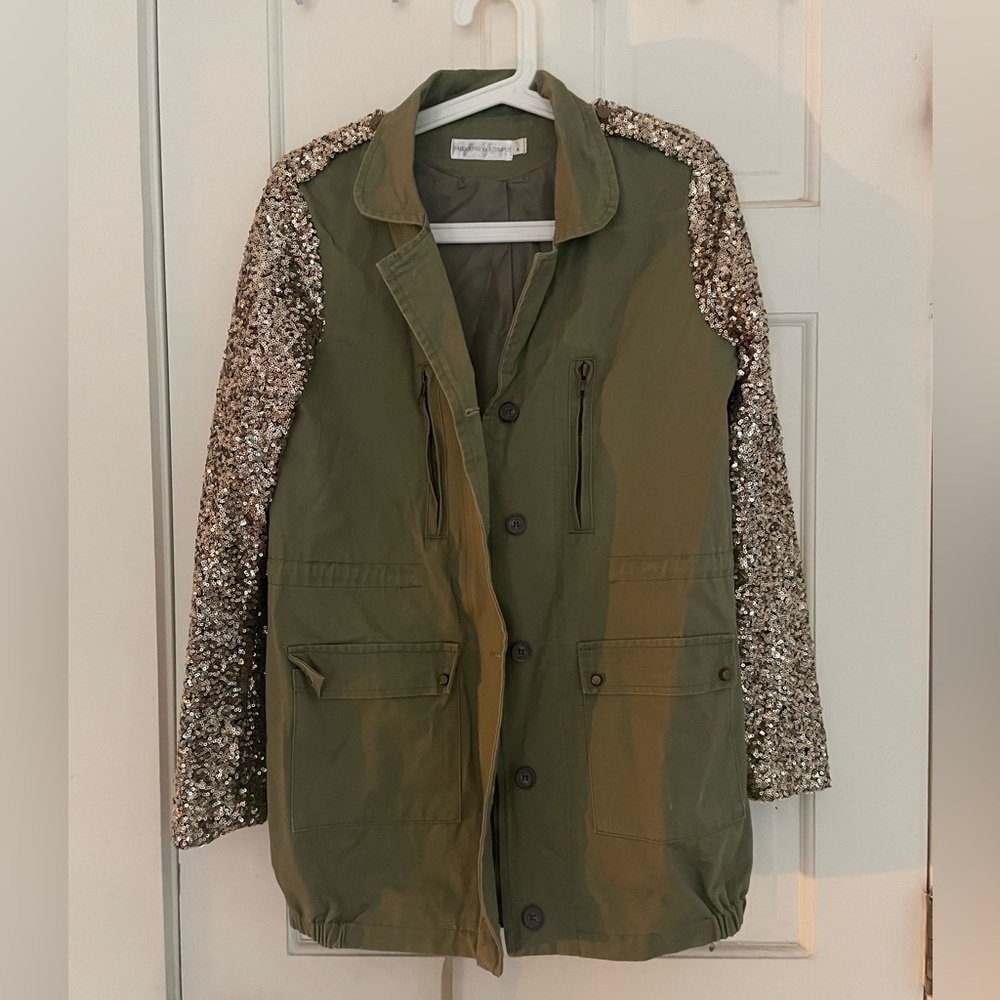 Faubourg Du Temple olive jacket with gold sequined sleeves (Trocadero), size S